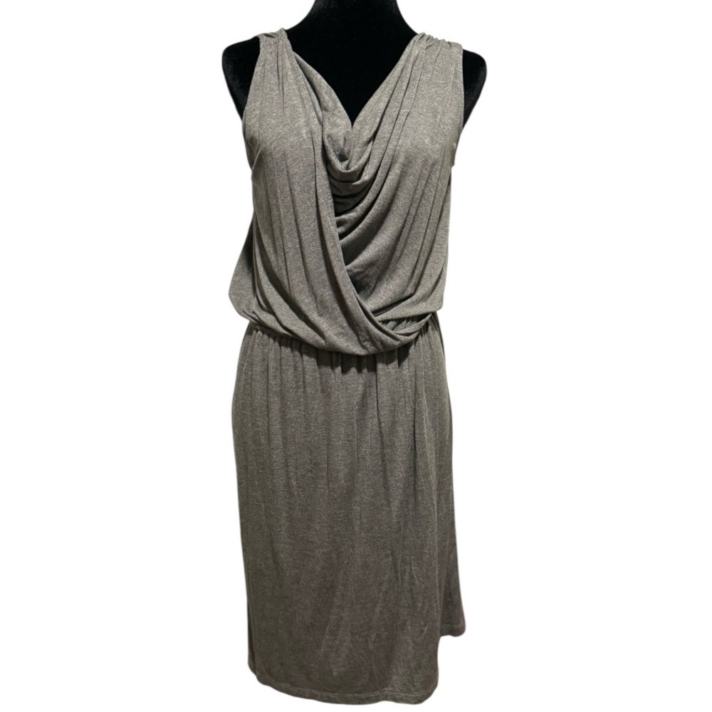 LOFT Dress Sz M Sleeveless Gray Cowl Neck Midi Draped Elastic Waist EUC